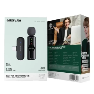 میکروفون یقه ای بی سیم تک کاربره گرین لاین مدل GM 75X رابط Type-C و Lightning و USB-A
